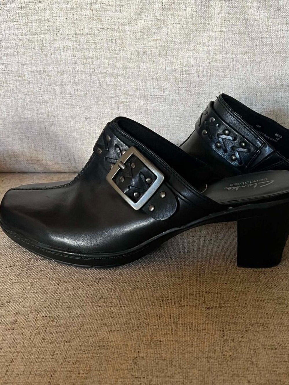Clarks Bendables Leather Clogs Buckle Black Size 10